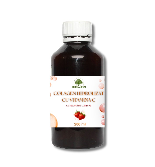 Flacon de 200 ml cu Colagen Hidrolizat cu Vitamina C, aromă căpșuni, HerbalRom