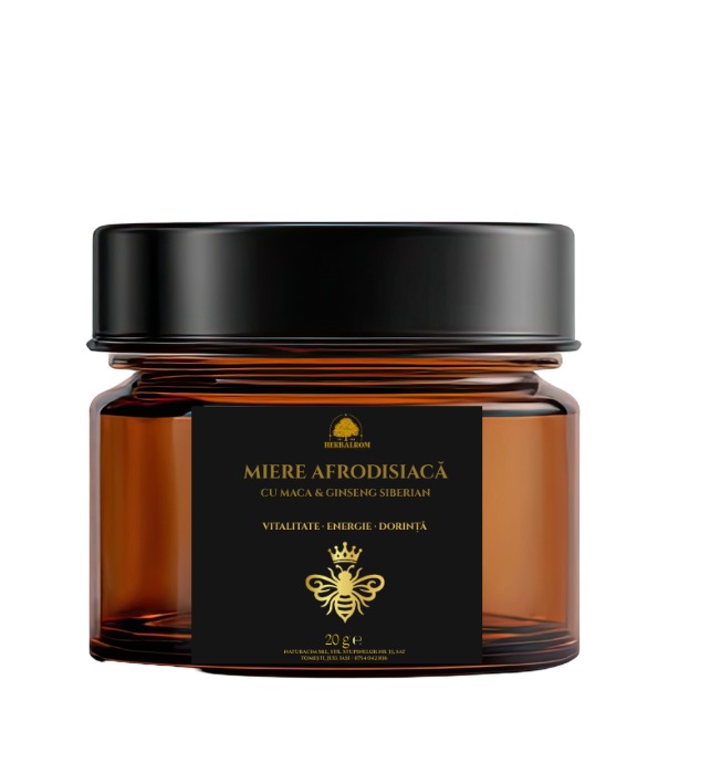 Borcan de 100 g cu Miere Afrodisiacă cu Maca și Ginseng Siberian, HerbalRom